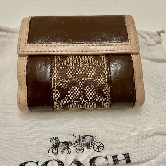 Coach Brown Mono Canvas-Beige- BrownLeather Trifold Compact Wallet with Dust Bag - Picture 6 of 12